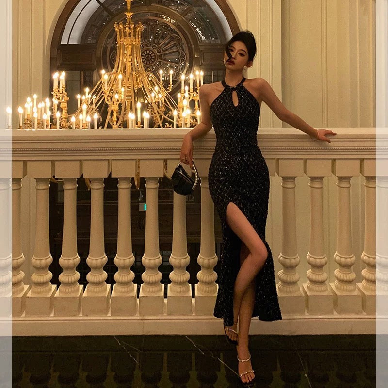 Classy Sheath Halter Sleeveless Black Sequin Prom Dresses Birthday Outfits