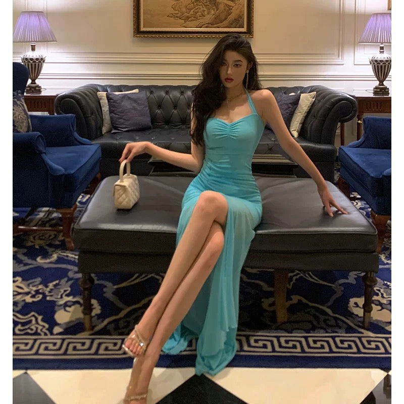 Stunning Sheath Halter Blue Date Night Dress Prom Dresses Birthday Outfit