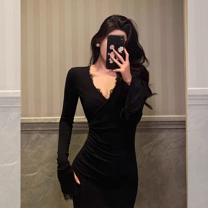 Classy Sheath V Neckline Long Sleeves Black Prom Dresses Birthday Outfits