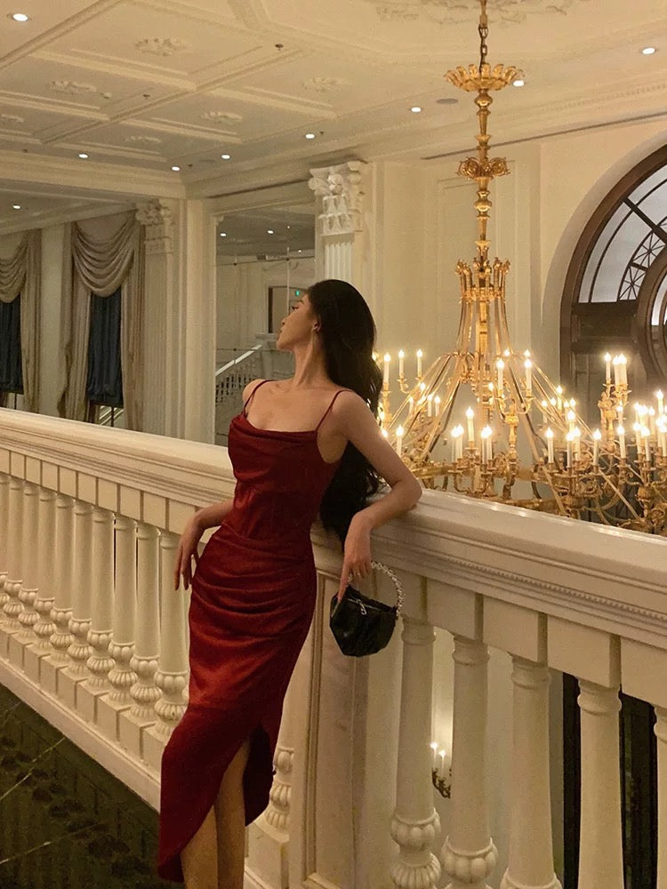 Classy Sheath Spaghetti Straps Red Slit Prom Dresses Birthday Outfits