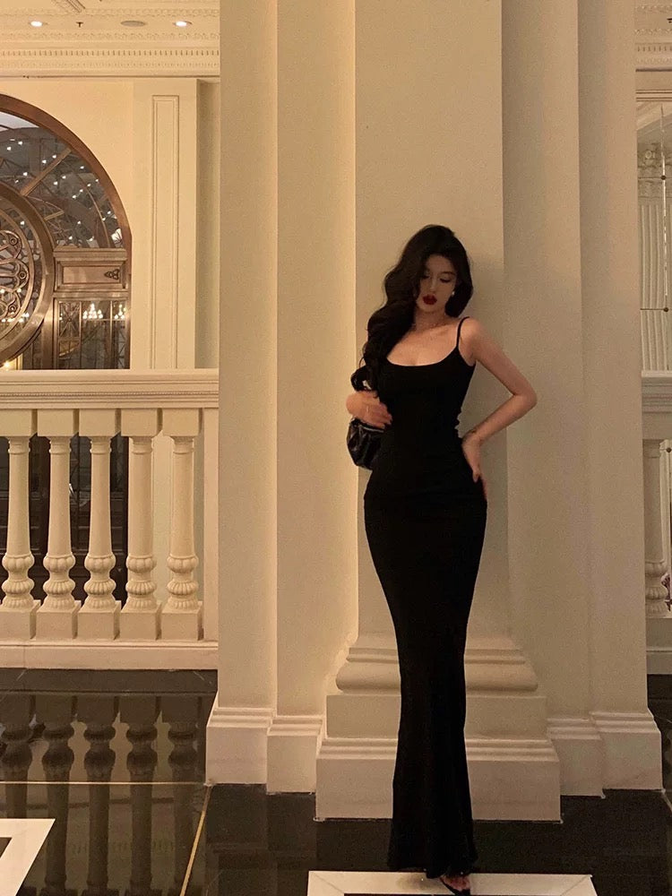 Classy Sheath Spaghetti Straps Black Long Prom Dresses Birthday Outfits