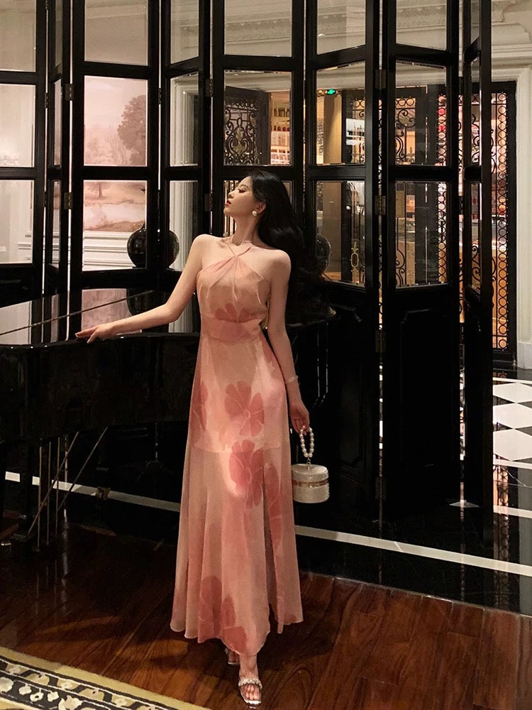 Stunning A line Halter Sleeveless Pink Floral Date Night Dress Prom Dresses Birthday Party Outfit