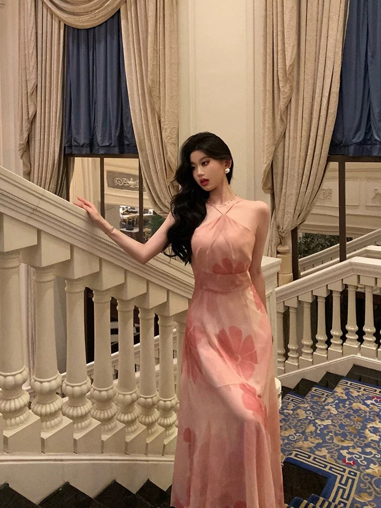 Stunning A line Halter Sleeveless Pink Floral Date Night Dress Prom Dresses Birthday Party Outfit