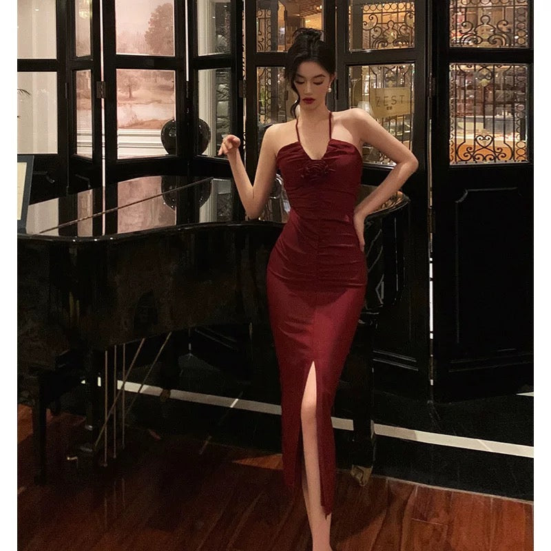 Stunning Sheath Halter Date Night Dress Prom Dresses Red Birthday Party Outfit