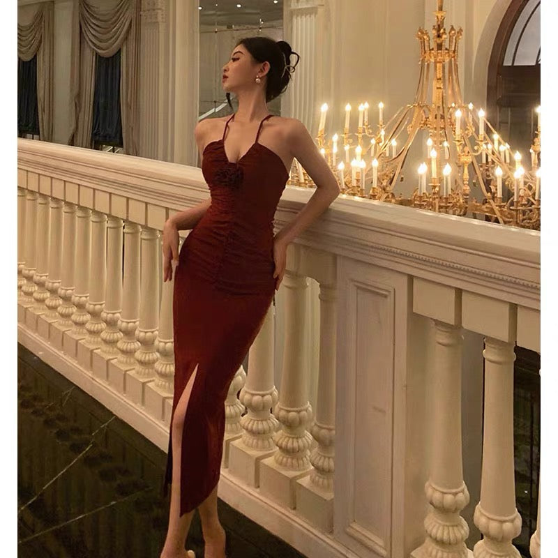 Stunning Sheath Halter Date Night Dress Prom Dresses Red Birthday Party Outfit
