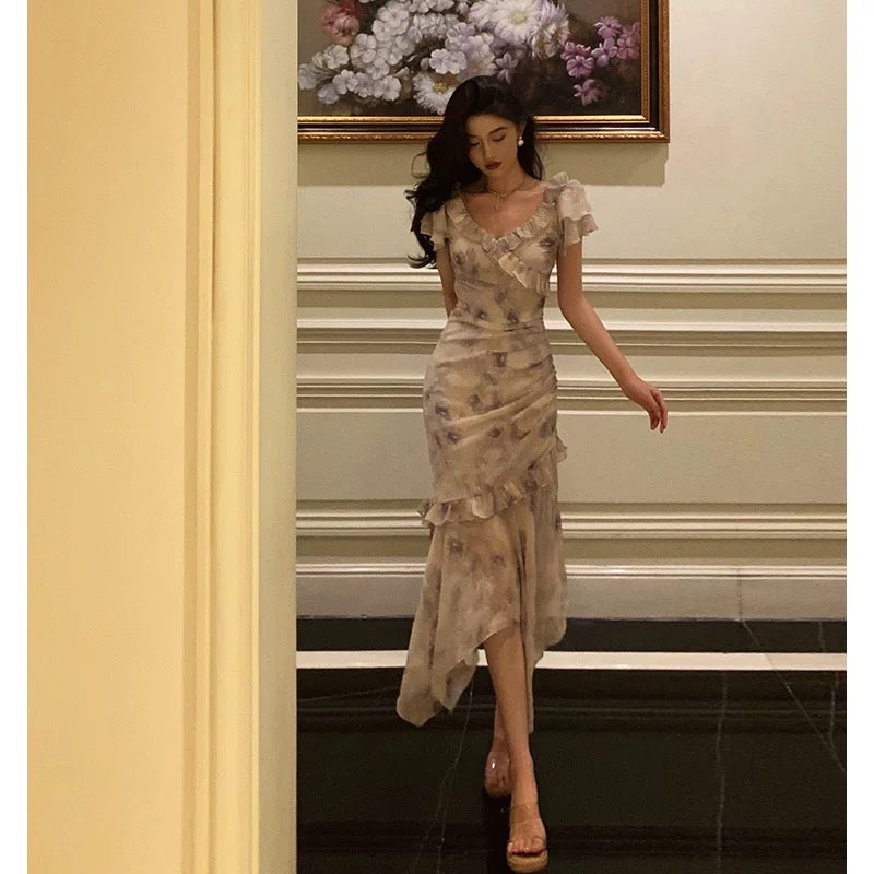 Stunning Mermaid V neckline Short Sleeves Date Night Dress Prom Dresses Floral Birthday Party Outfit