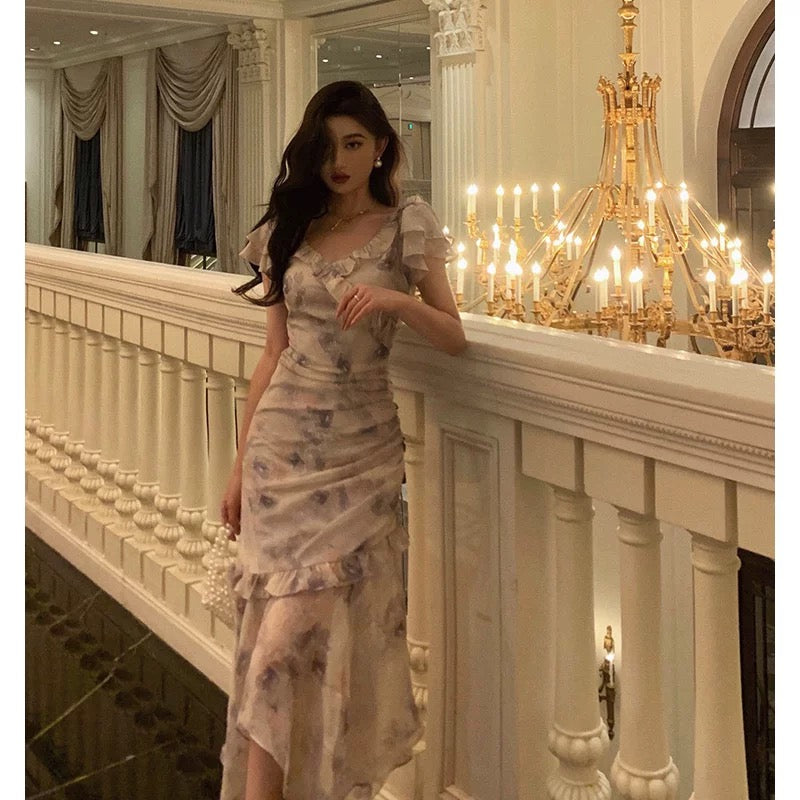 Stunning Mermaid V neckline Short Sleeves Date Night Dress Prom Dresses Floral Birthday Party Outfit