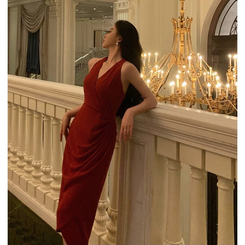 Stunning A line V neckline Sleeveless Red Date Night Dress Prom Dresses Birthday Party Outfit