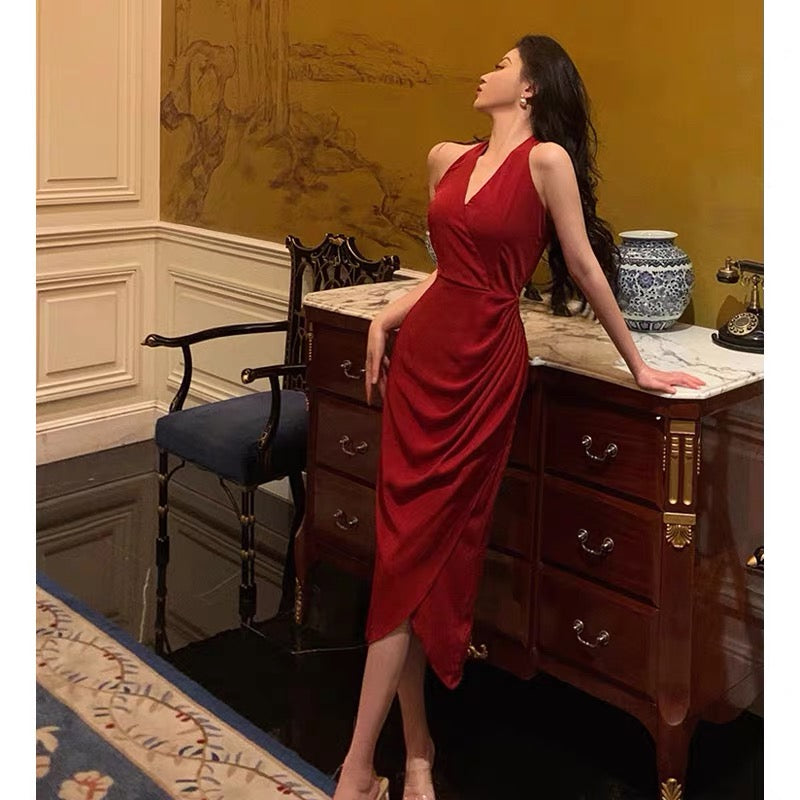 Stunning A line V neckline Sleeveless Red Date Night Dress Prom Dresses Birthday Party Outfit