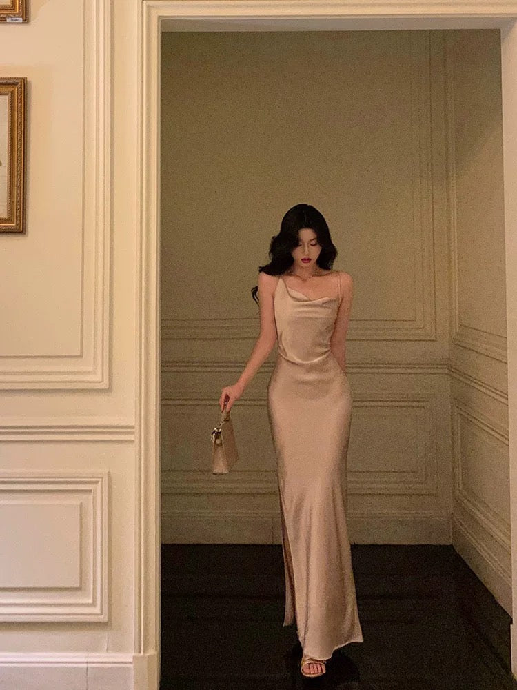 Classy Sheath Straps Satin Champagne Prom Dresses Birthday Outfits Evening Gown