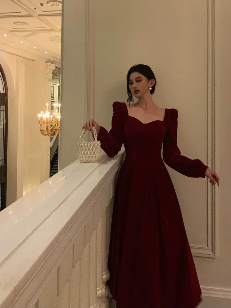 Stunning A line Square Neckline Long Sleeves Red Velvet Date Night Dress Prom Dresses Birthday Party Outfit