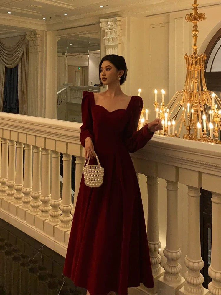 Stunning A line Square Neckline Long Sleeves Red Velvet Date Night Dress Prom Dresses Birthday Party Outfit
