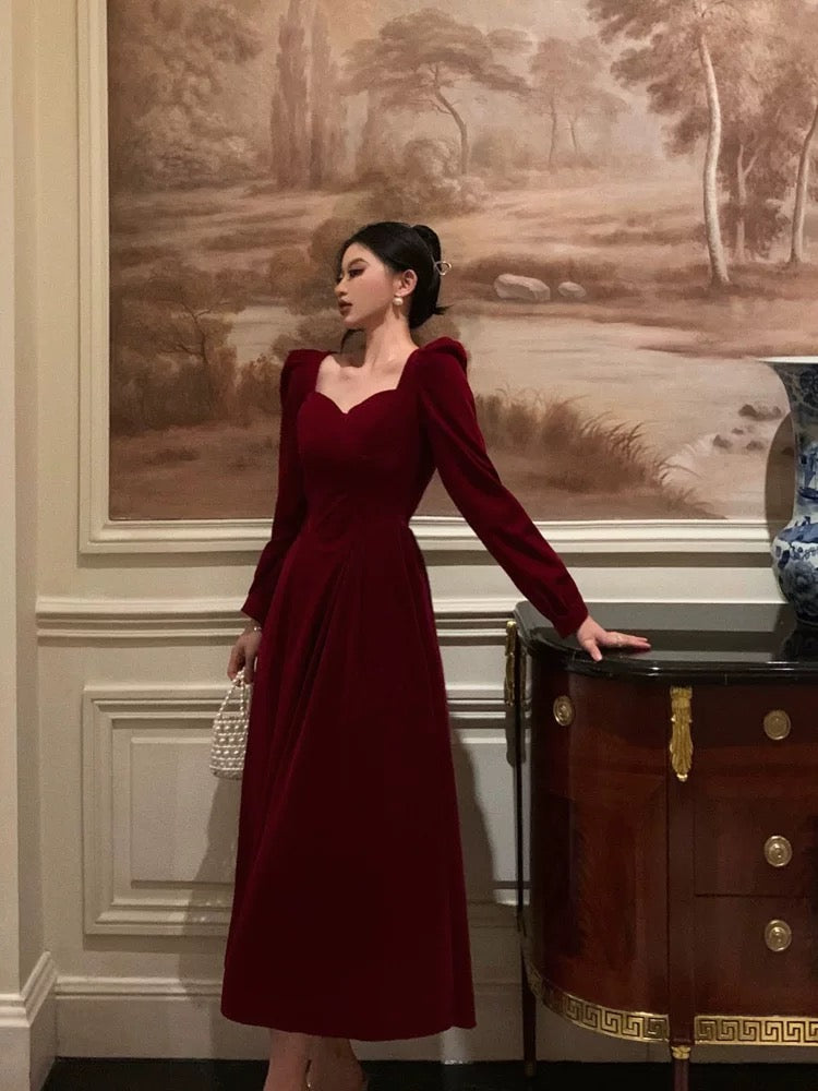 Stunning A line Square Neckline Long Sleeves Red Velvet Date Night Dress Prom Dresses Birthday Party Outfit