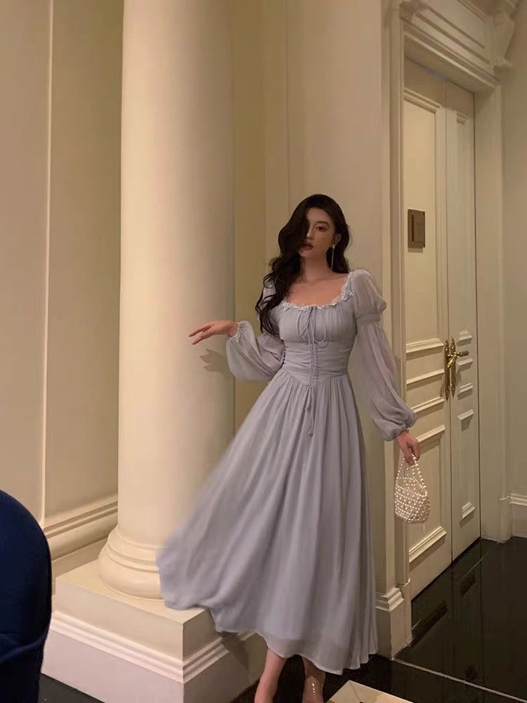 Stunning A line Square Neckline Long Sleeves Chiffon Blue Date Night Dress Prom Dresses Birthday Party Outfit