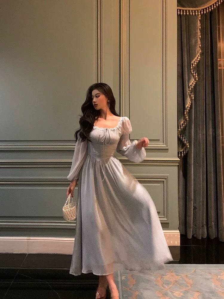 Stunning A line Square Neckline Long Sleeves Chiffon Blue Date Night Dress Prom Dresses Birthday Party Outfit