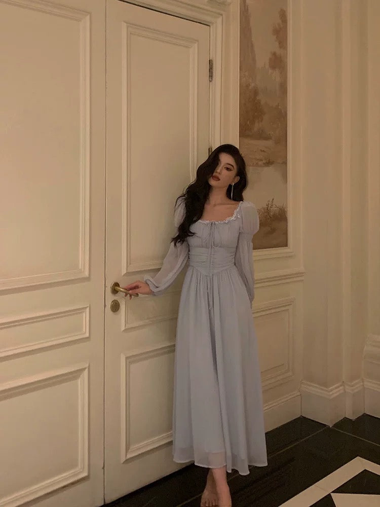 Stunning A line Square Neckline Long Sleeves Chiffon Blue Date Night Dress Prom Dresses Birthday Party Outfit
