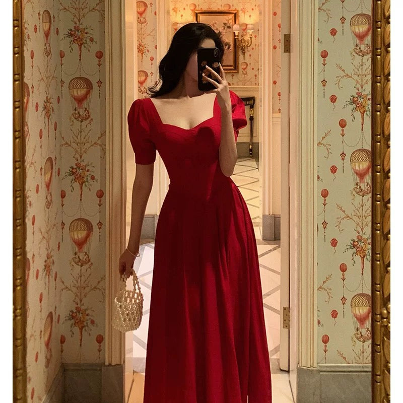 Pretty A Line Square Neckline Red Short Sleeves Date Night Dress Prom Dresses Birthday Party Outfit