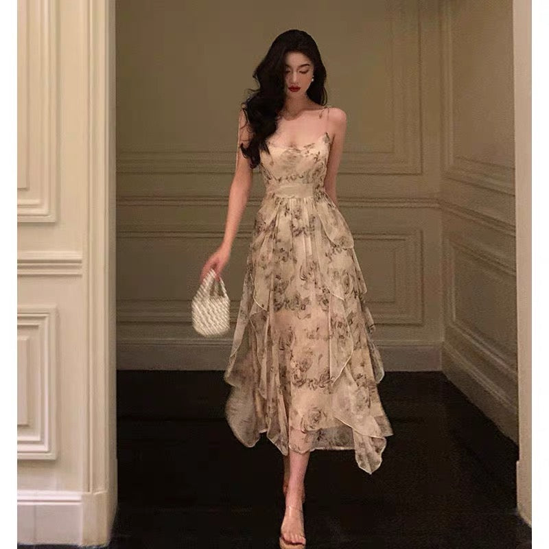 Pretty A Line Spaghetti Straps Chiffon Floral Sleeveless Date Night Dress Prom Dresses Birthday Party Outfit
