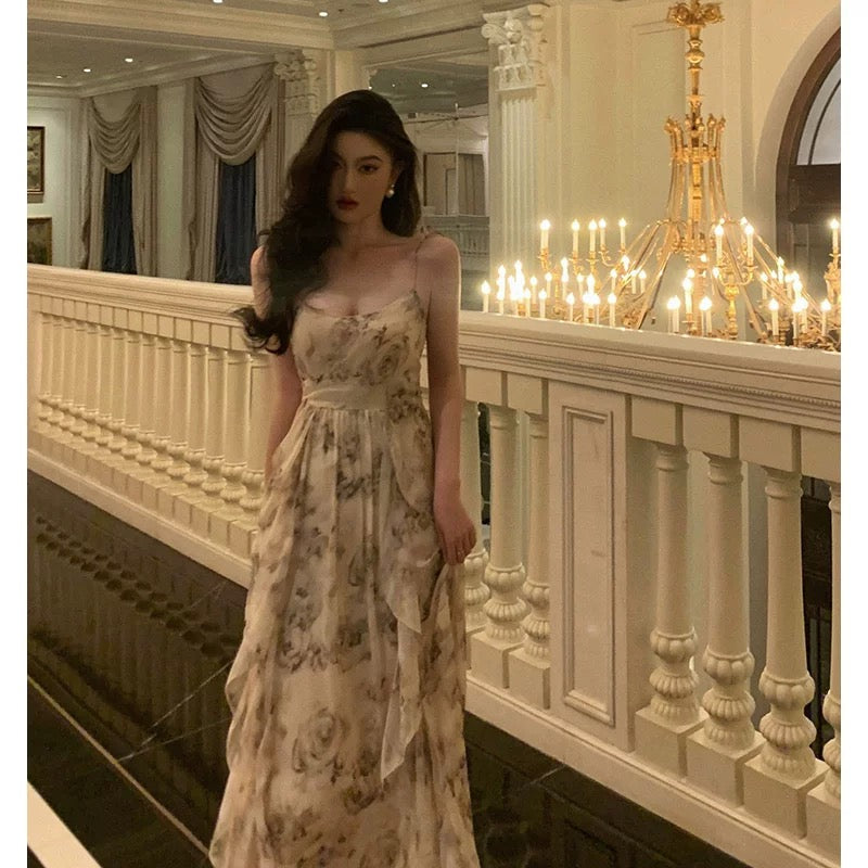 Pretty A Line Spaghetti Straps Chiffon Floral Sleeveless Date Night Dress Prom Dresses Birthday Party Outfit