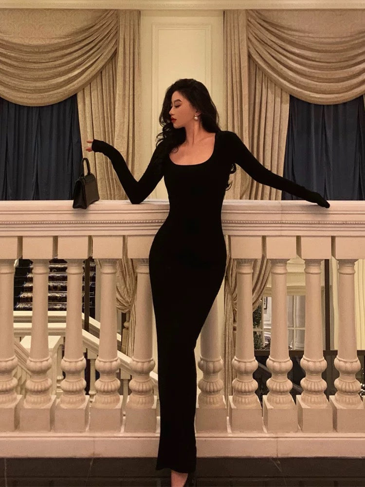 Pretty Sheath Square Neckline Long Sleeves Black Date Night Dress Prom Dresses Birthday Party Outfit