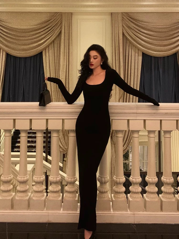 Pretty Sheath Square Neckline Long Sleeves Black Date Night Dress Prom Dresses Birthday Party Outfit