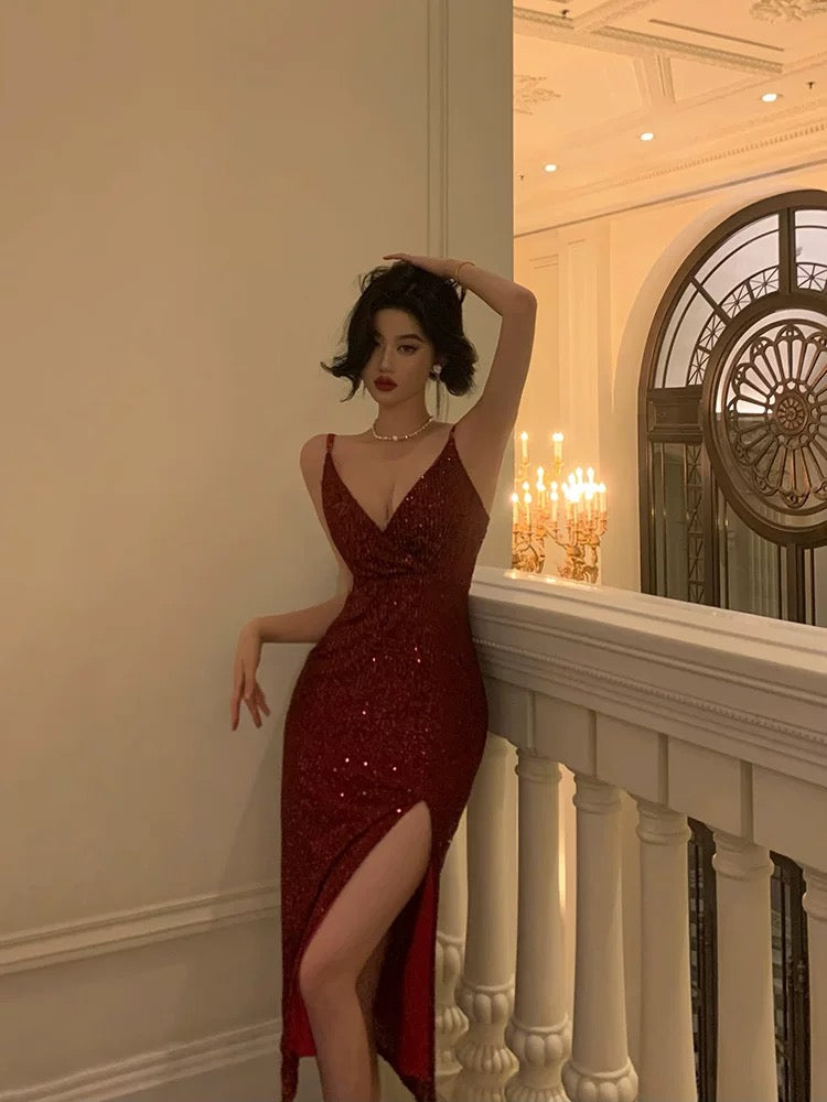 Classy Sheath Spaghetti Straps Red Sequin Prom Dresses Birthday Outfits Evening Gown