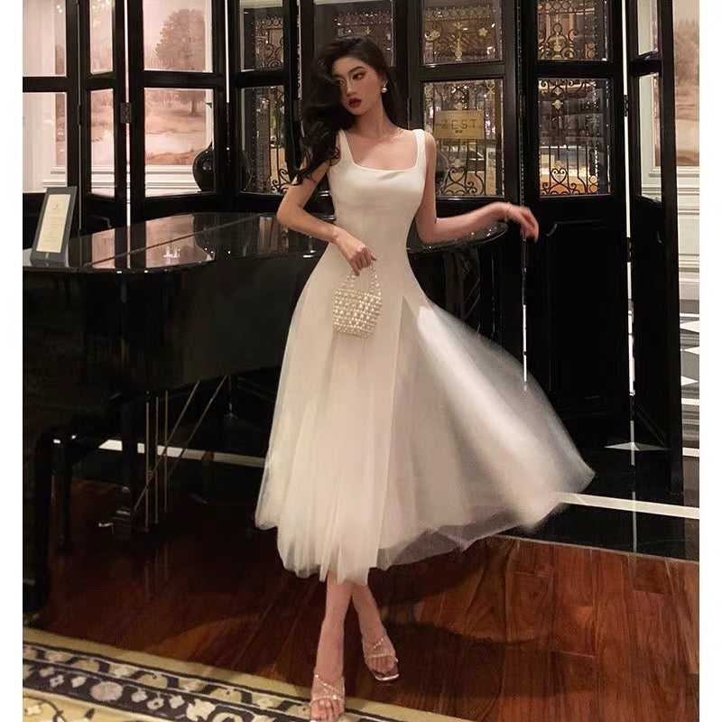Pretty A line Straps White Date Night Dress Tulle Prom Dresses Birthday Party Outfit