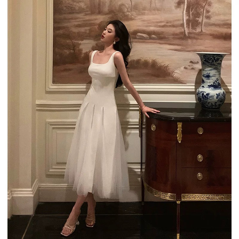 Pretty A line Straps White Date Night Dress Tulle Prom Dresses Birthday Party Outfit