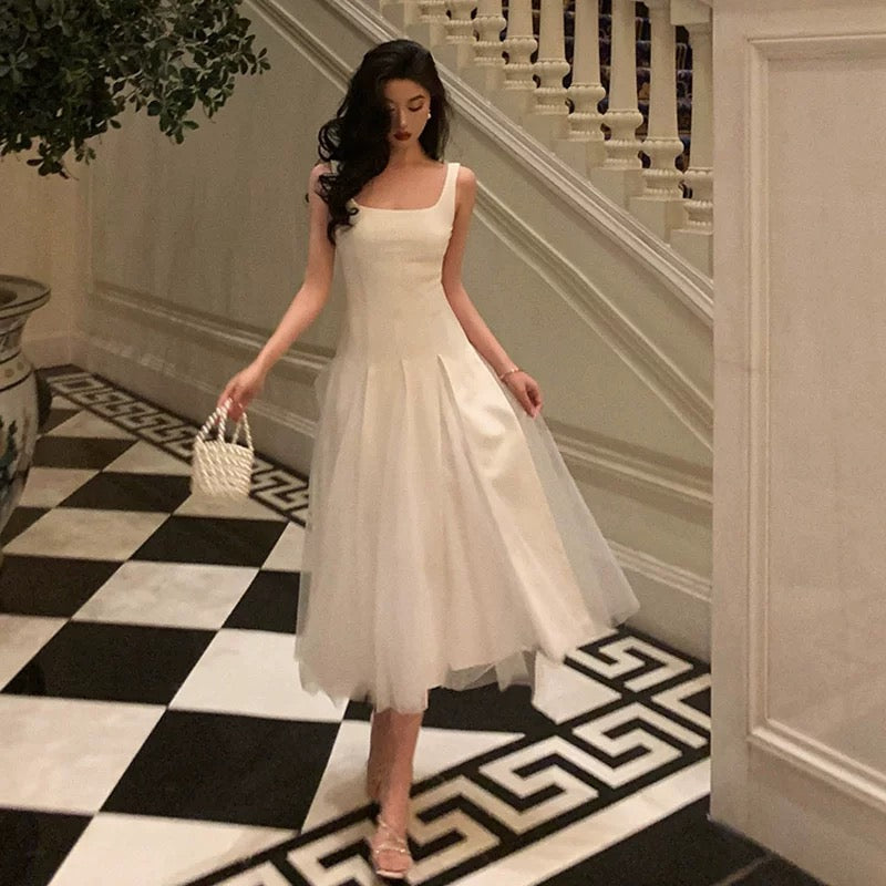 Pretty A line Straps White Date Night Dress Tulle Prom Dresses Birthday Party Outfit