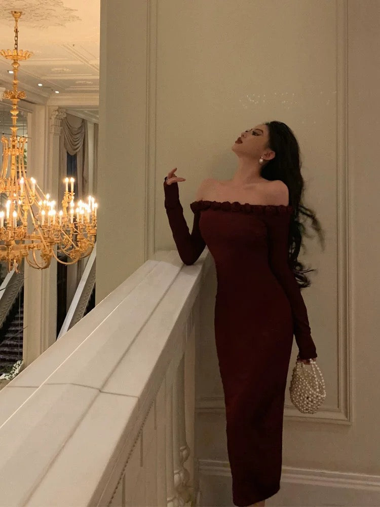 Classy Sheath Off The Shoulder Burgundy Long Sleeves Prom Dresses Birthday Outfits Evening Gown