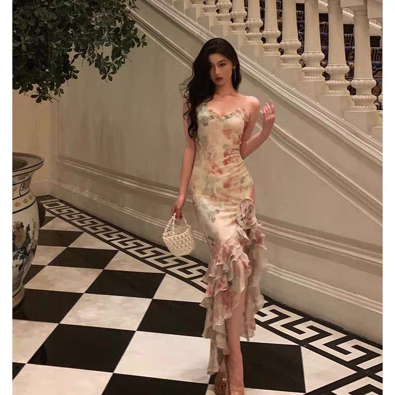 Pretty Mermaid Spaghetti Straps Pink Floral Date Night Dress Prom Dresses Birthday Party Outfit