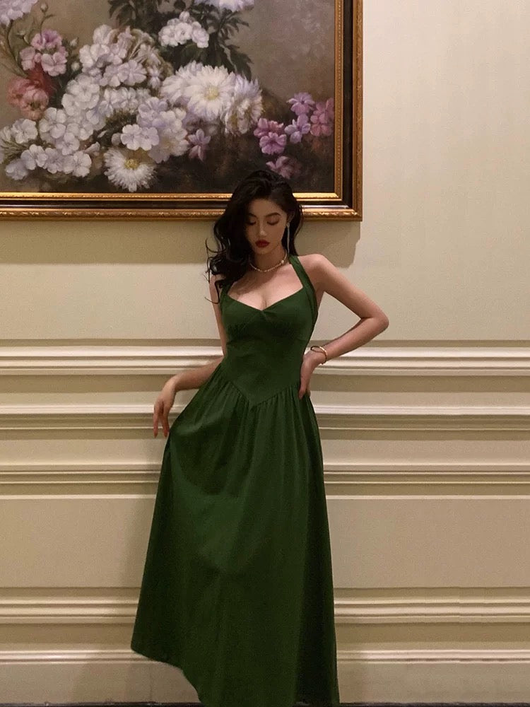 Classy A Line Halter Dark Green Prom Dresses Birthday Outfits Evening Gown