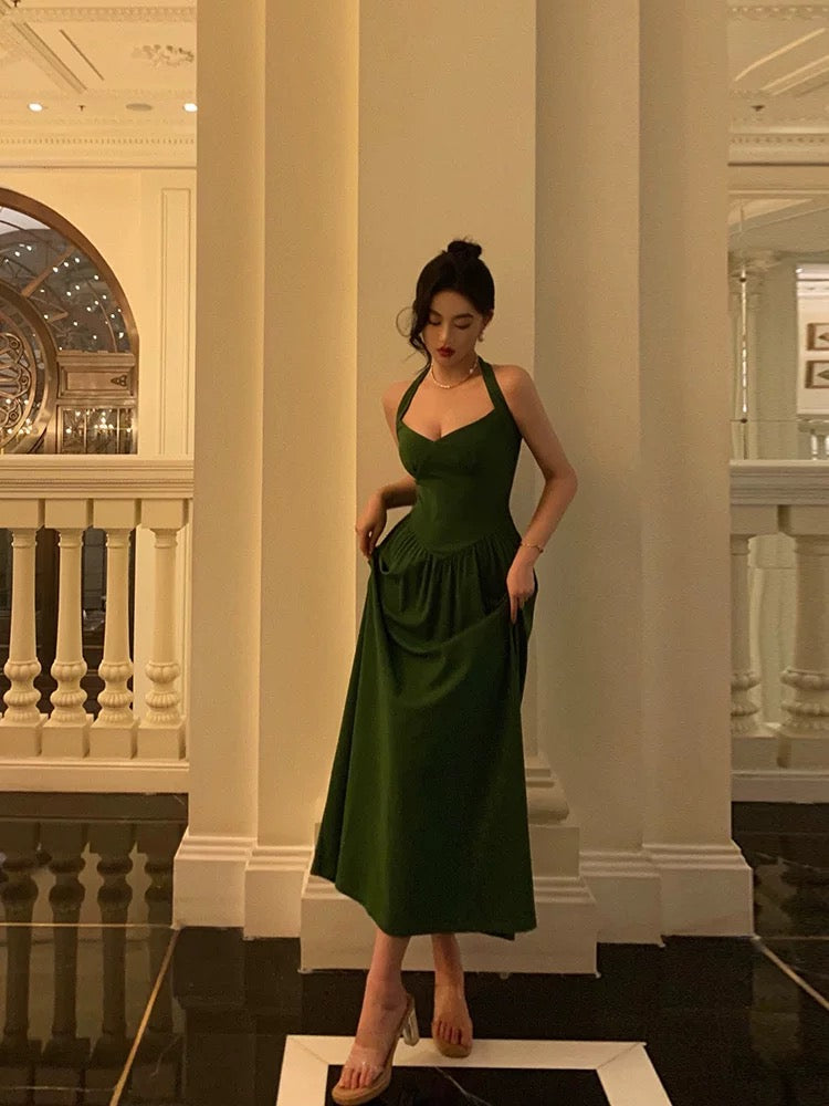 Classy A Line Halter Dark Green Prom Dresses Birthday Outfits Evening Gown