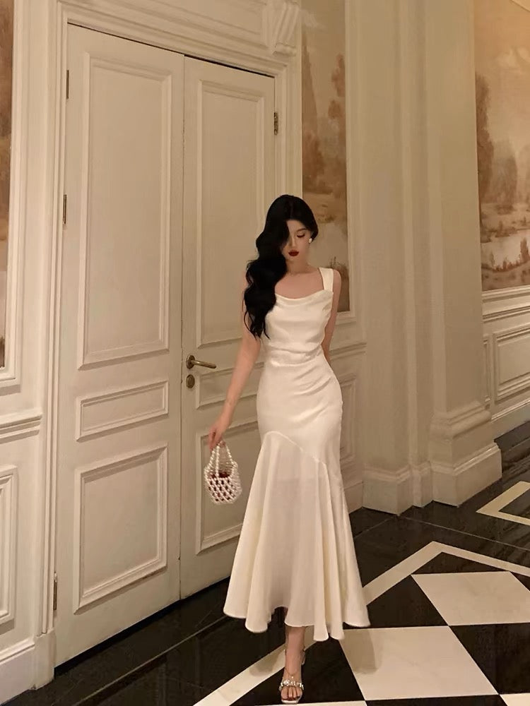 Pretty Mermaid Square Neckline White Date Night Dress Prom Dresses Birthday Party Outfit