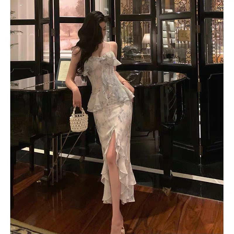 Classy Sheath Spaghetti Straps Chiffon Floral Prom Dresses Birthday Outfits Evening Gown