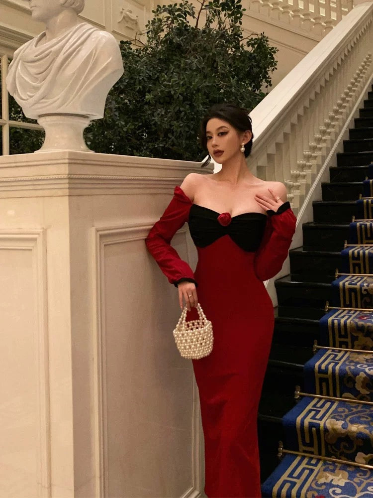 Classy French Sheath Long Sleeves Red Prom Dresses Birthday Outfits Evening Gown
