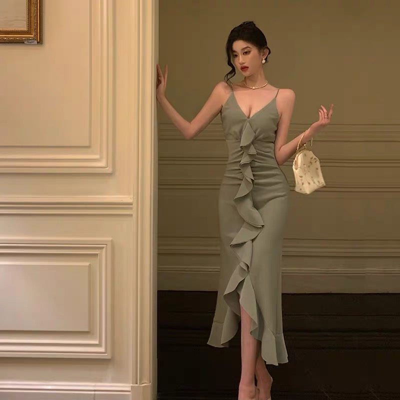 Classy Sheath Spaghetti Straps Green Ruffles Prom Dresses Birthday Outfits Evening Gown