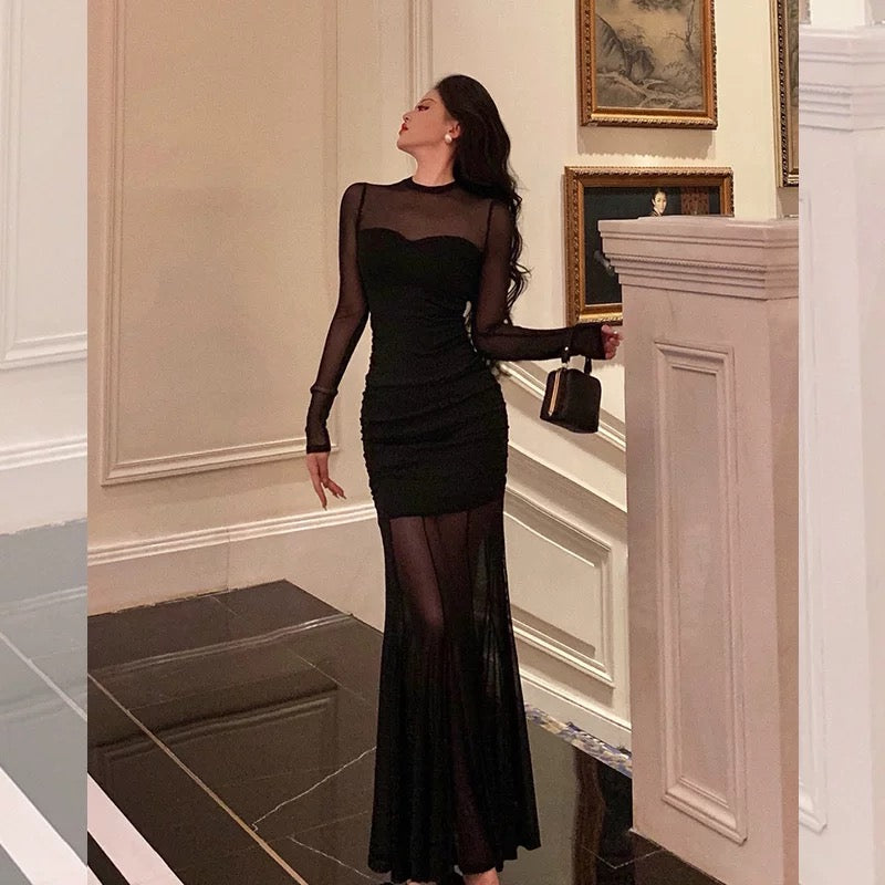 Sexy Sheath Scoop Long Sleeves Black Prom Dresses Birthday Outfits Evening Gown