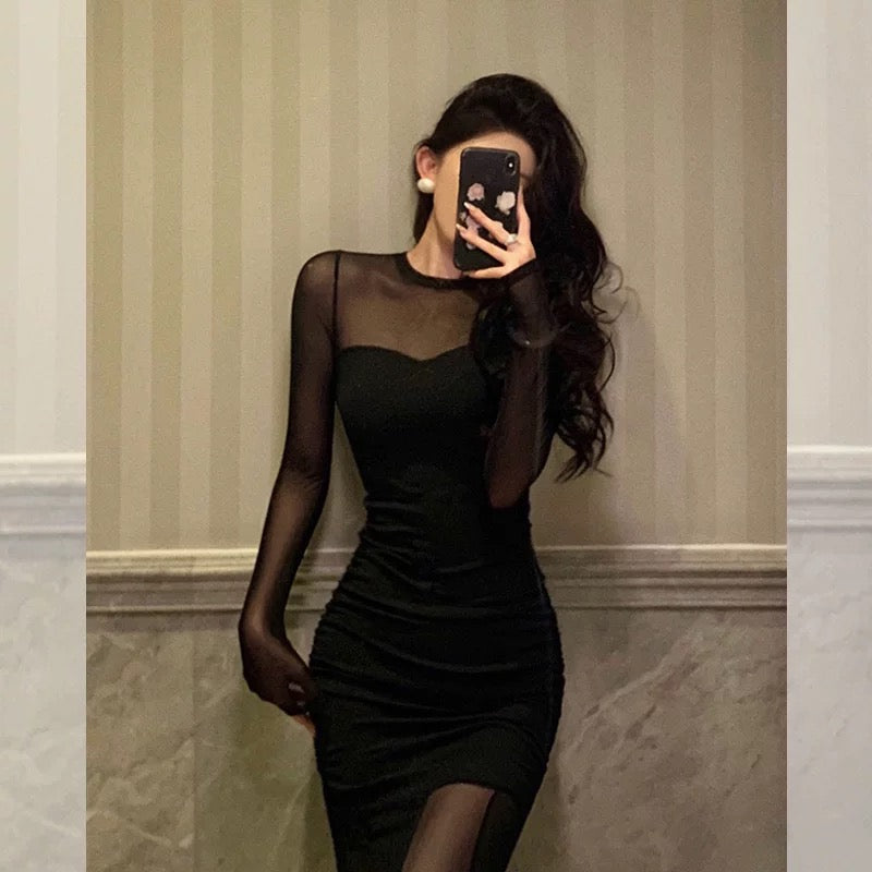 Sexy Sheath Scoop Long Sleeves Black Prom Dresses Birthday Outfits Evening Gown