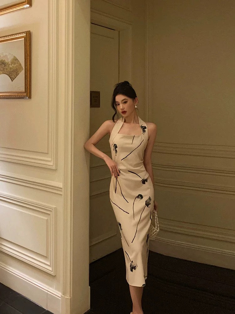 Pretty Sheath Halter Satin Floral Prom Dresses Birthday Outfits Evening Gown