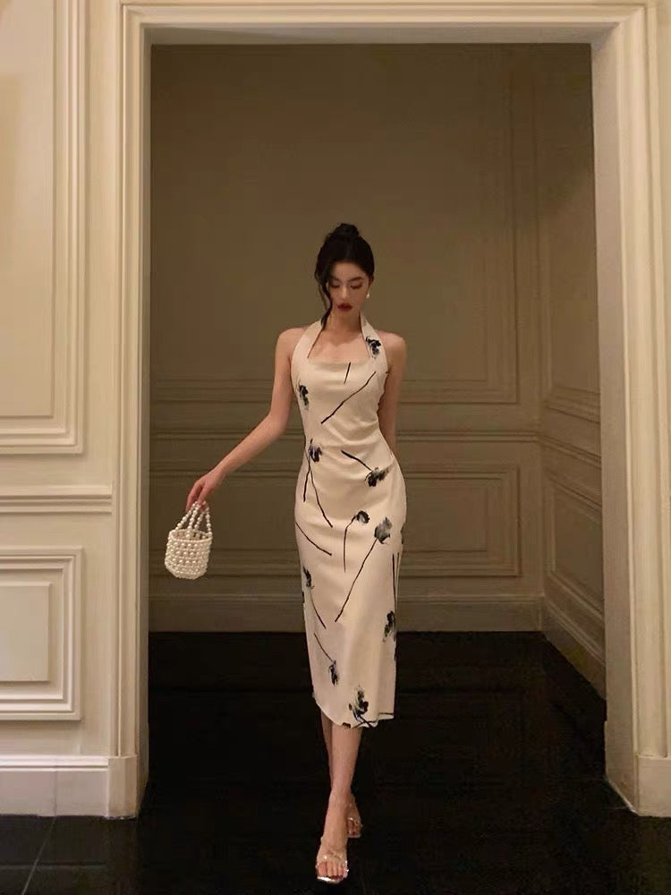 Pretty Sheath Halter Satin Floral Prom Dresses Birthday Outfits Evening Gown