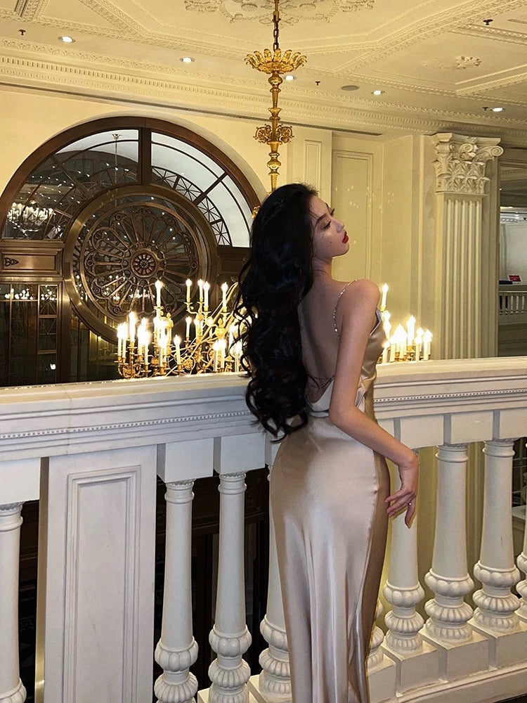 Classy Sheath Spaghetti Straps Champagne Prom Dresses Birthday Outfits Evening Gown
