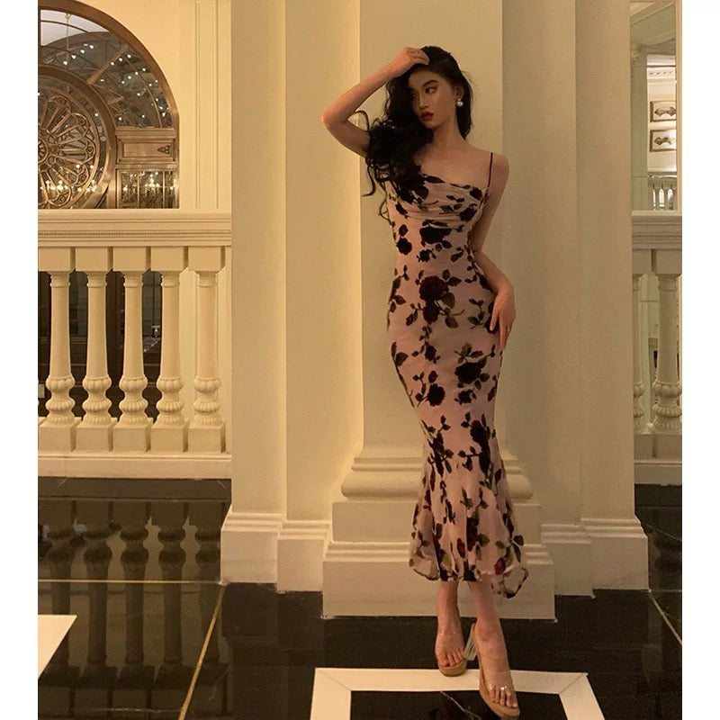 Classy Sheath Spaghetti Straps Floral Backless Prom Dresses Birthday Outfits Party Dress