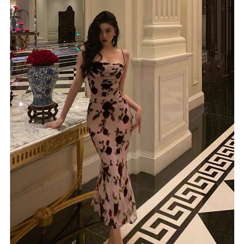 Classy Sheath Spaghetti Straps Floral Backless Prom Dresses Birthday Outfits Party Dress