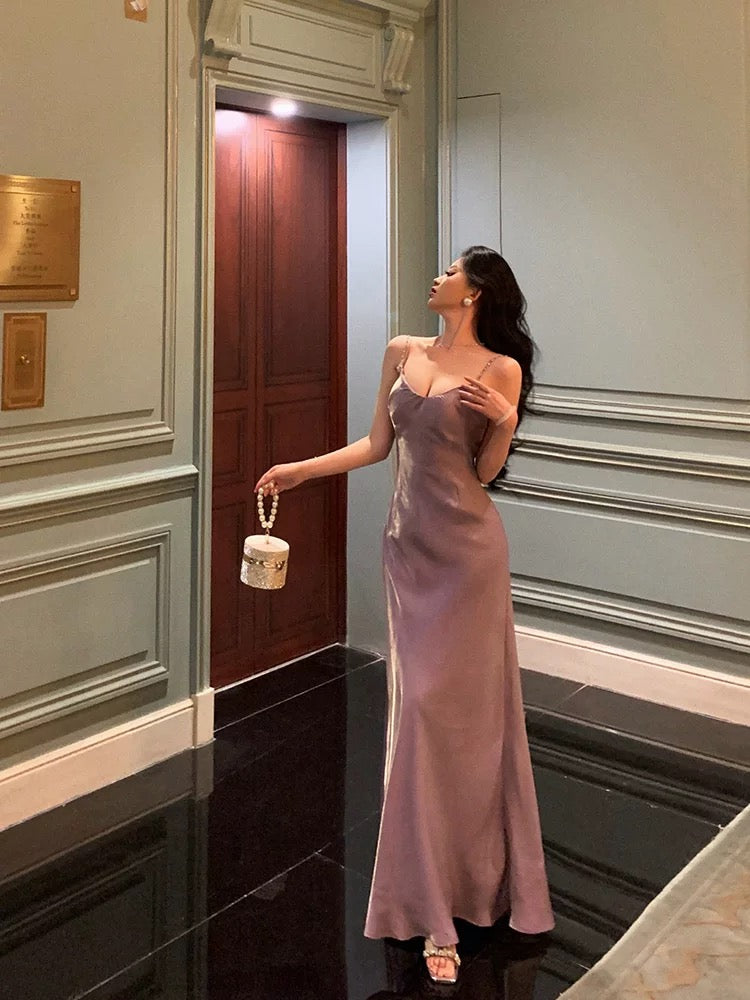 Elegant Sheath Spaghetti Straps Lilac Long Satin Prom Dresses Birthday Outfits Evening Gown