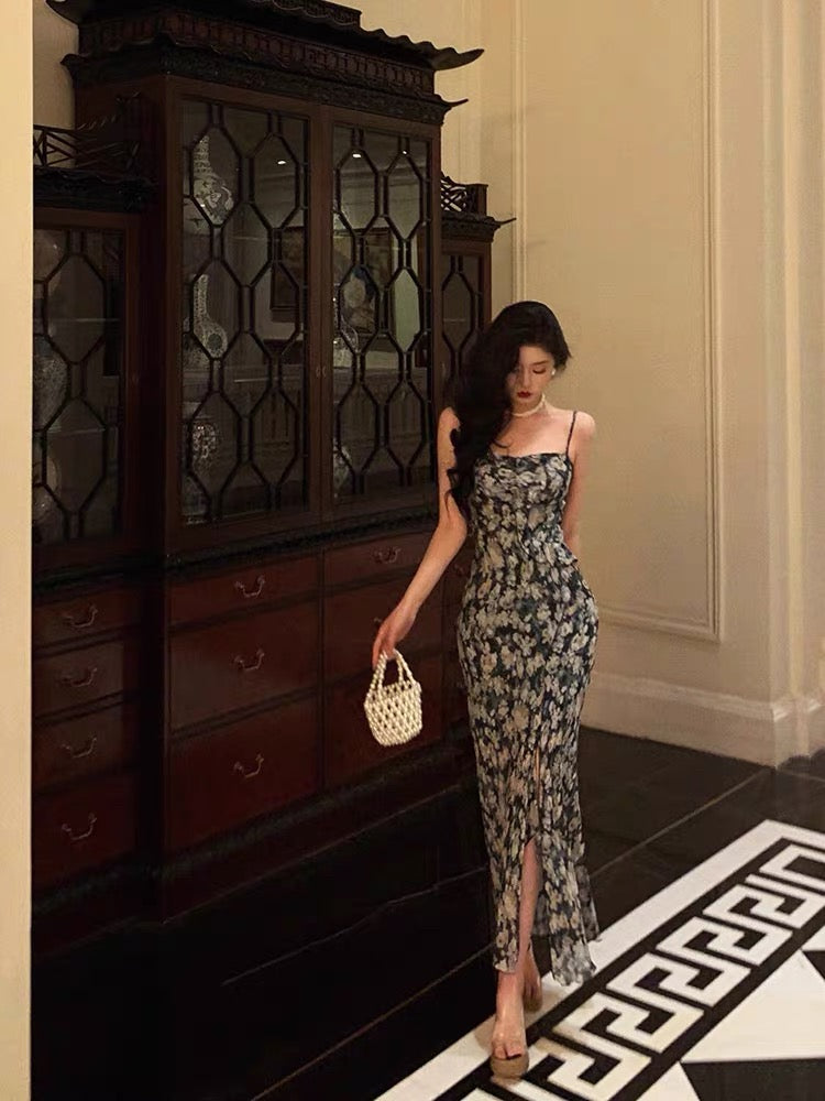 Sexy Sheath Spaghetti Straps Blue Floral Prom Dresses Birthday Outfits Evening Gown