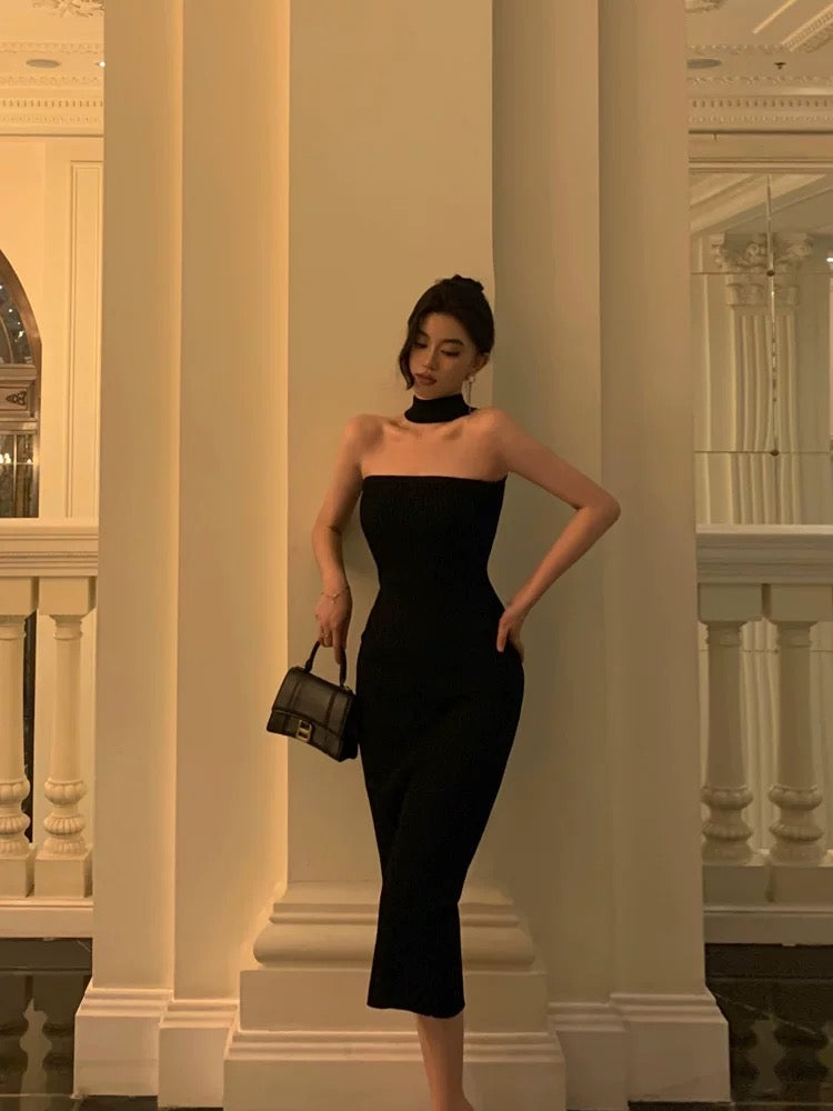 Elegant Sheath Strapless Black Prom Dresses Birthday Outfits Evening Gown