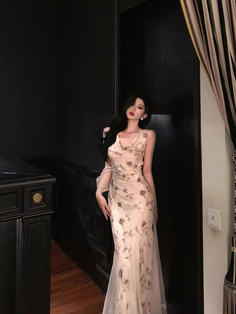 Sexy Mermaid Jewel Neckline Floral Chiffon Prom Dresses Birthday Outfits Evening Gown
