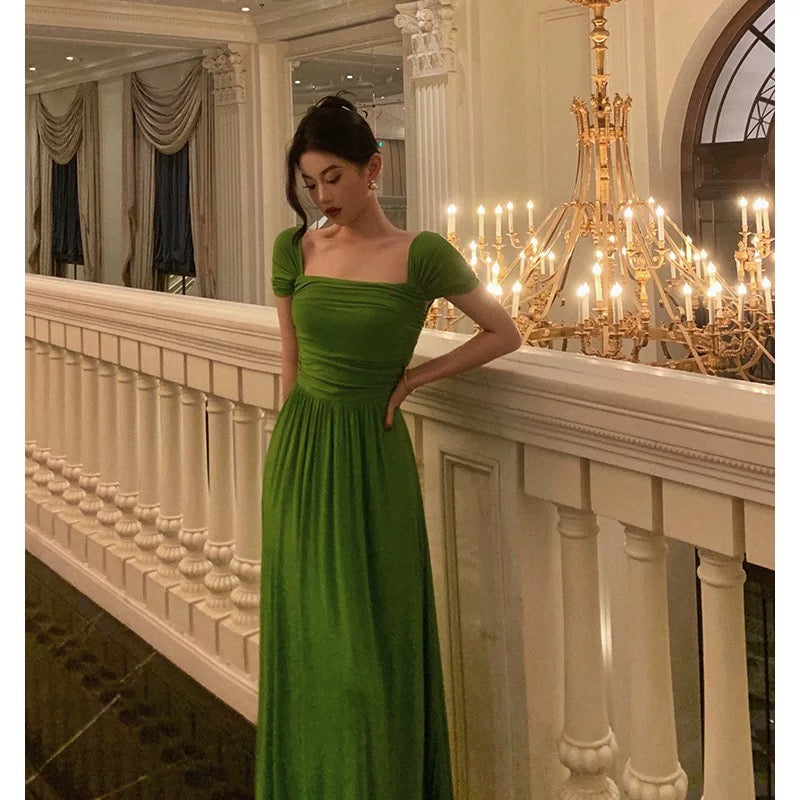Elegant A Line Square Neckline Green Long Prom Dresses Birthday Outfits Evening Gown