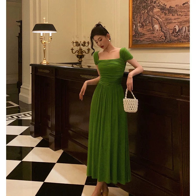 Elegant A Line Square Neckline Green Long Prom Dresses Birthday Outfits Evening Gown